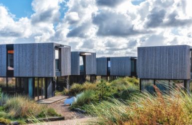 Houten recreatiewoningen in de duinen
